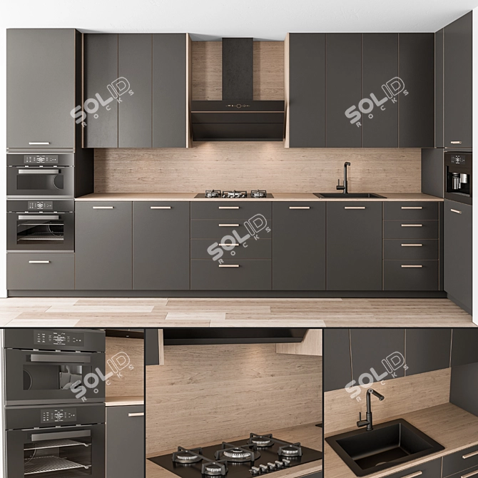 Sleek Black Wood Kitchen Cabinets 3D model image 1