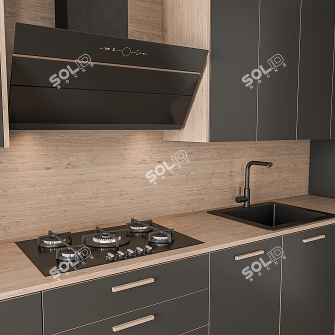 Sleek Black Wood Kitchen Cabinets 3D model image 2