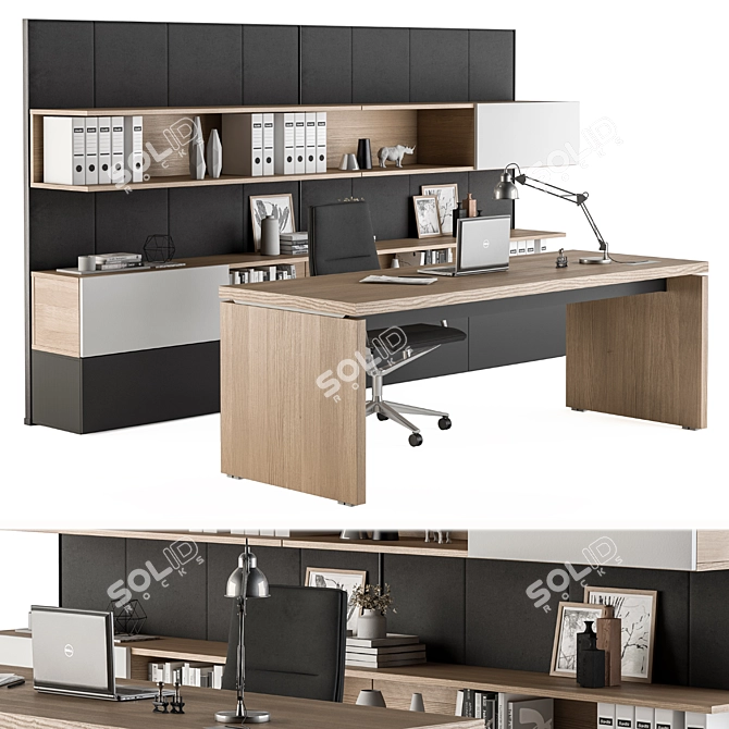 Wood and Black Manager Desk 3D model image 2