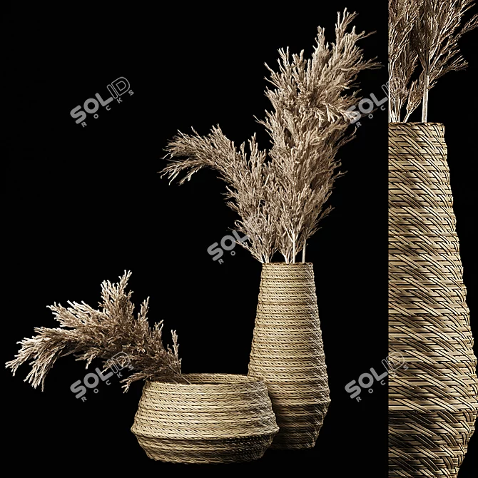 Pampas Bliss: Dried Bouquet & Rattan Vases 3D model image 1