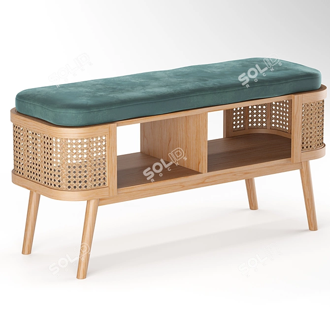 Elegant Ash Wood and Rattan Bedside Bench 3D model image 1