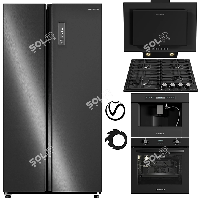 Complete Kitchen Set: Gas Hob, Refrigerator, Hood, Oven, Coffee Machine 3D model image 1