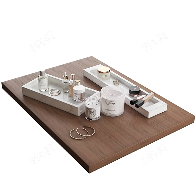 Haircare Decorative Set: Table, Tray, Candles, Earrings & Cosmetics 3D model image 2