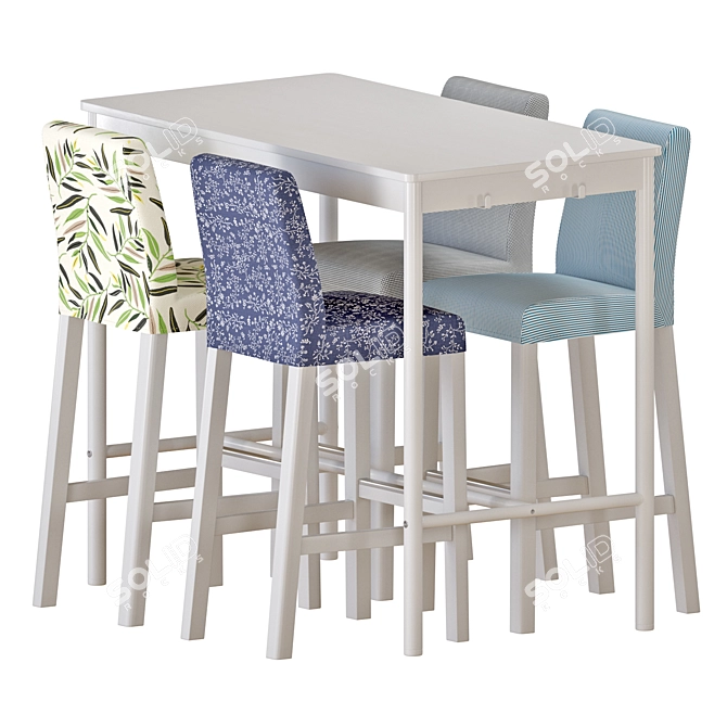 Modern White Table & Blue Bar Stools 3D model image 1