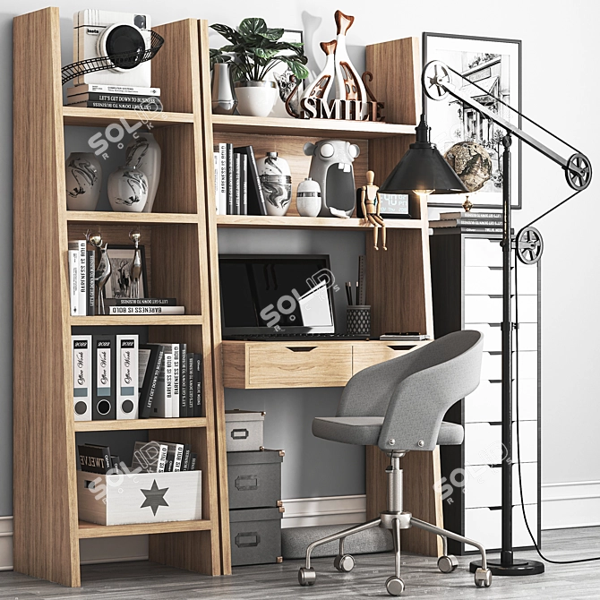 Versatile Workplace Set: Desk, Shelves, Lamp, Chair, Clock 3D model image 1