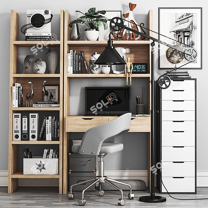 Versatile Workplace Set: Desk, Shelves, Lamp, Chair, Clock 3D model image 2