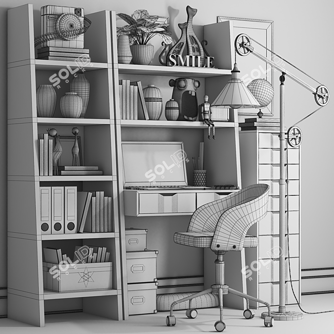 Versatile Workplace Set: Desk, Shelves, Lamp, Chair, Clock 3D model image 5