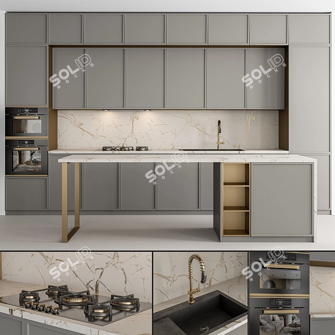 Modern Gray and Gold Kitchen Cabinets 3D model image 1