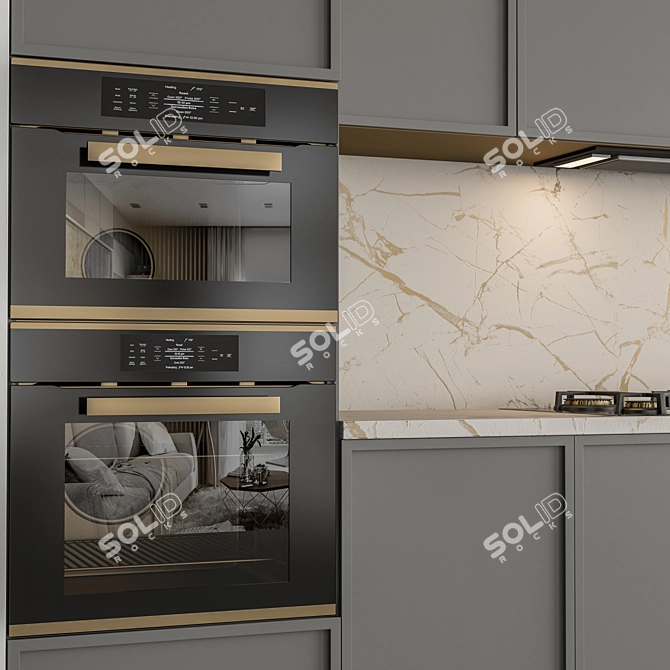 Modern Gray and Gold Kitchen Cabinets 3D model image 4