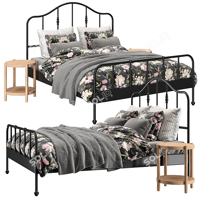 IKEA SAGSTUA Bed+Tables: Elegant Black Frame 3D model image 2