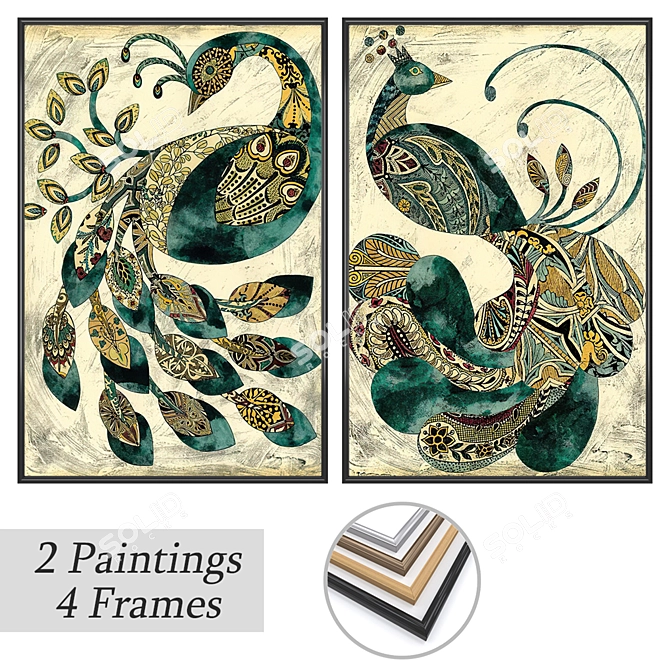 "Elegant Art Set: 2 Paintings with 4 Frame Options 3D model image 1