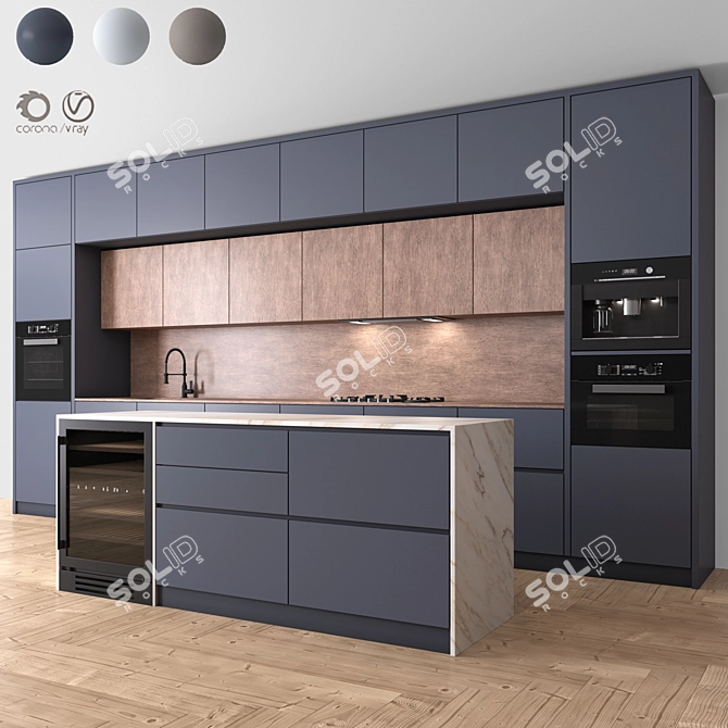 Sleek 3-Color Modern Kitchen 3D model image 1