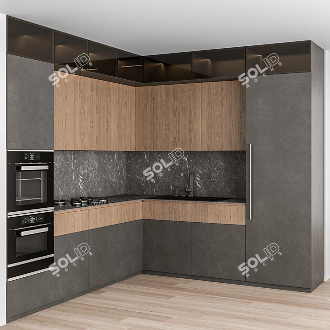 Sleek Black & Wood Kitchen 3D model image 1