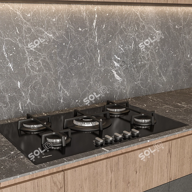 Sleek Black & Wood Kitchen 3D model image 3