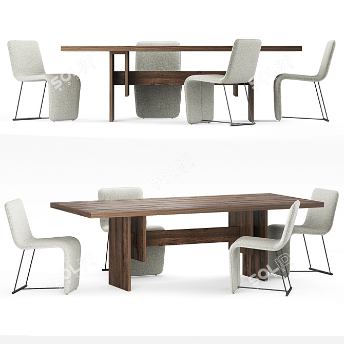 Rustic Beam Dining Table & Torrance Silver Branon Chair Set 3D model image 1