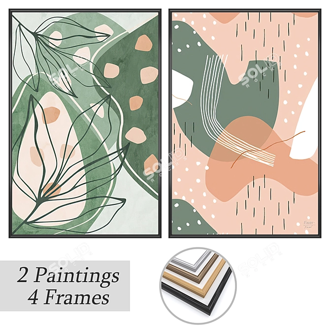 Modern Art Set: 2 Paintings & 4 Frame Options 3D model image 1