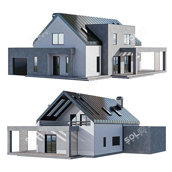 Modern Two-Story Cottage with Garage & Skylights 3D model image 2