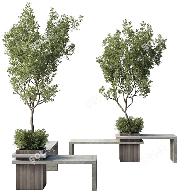 Cityscape Collection: Green Benches with Tree Planters 3D model image 2