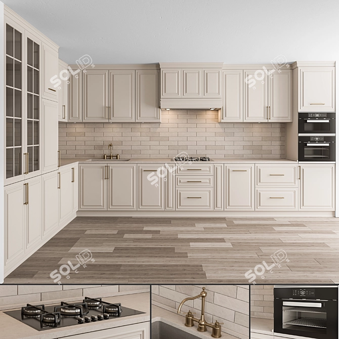 Elegant Cream L-Shaped Kitchen Set 3D model image 1