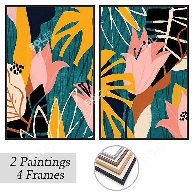 Elegant Paintings Set: 2 Artwork Choices with 4 Frames 3D model image 1