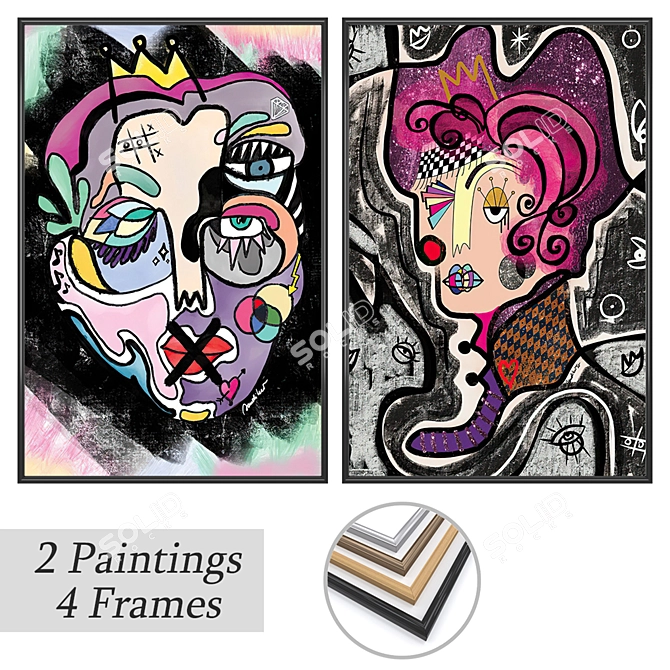 Modern Art Paintings Set with Varied Frames 3D model image 1