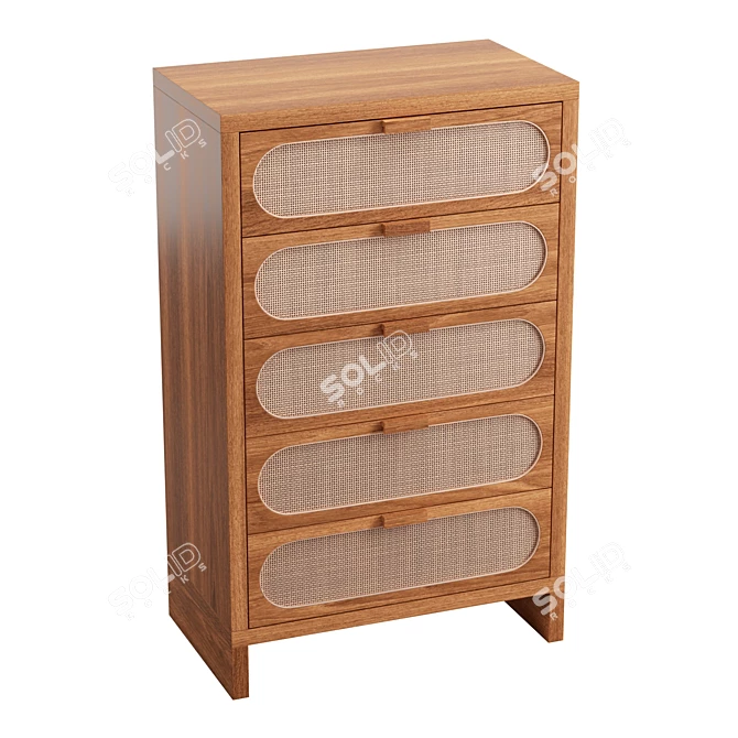 Oak Wood Retro Chic 5-Drawer Dresser 3D model image 1