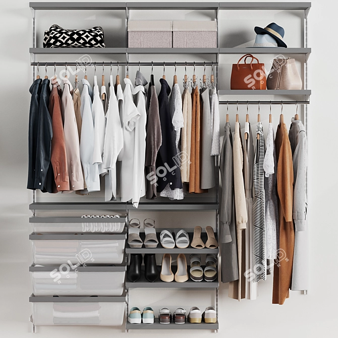 Modular Wardrobe with Wooden Shelves and Hangers 3D model image 1