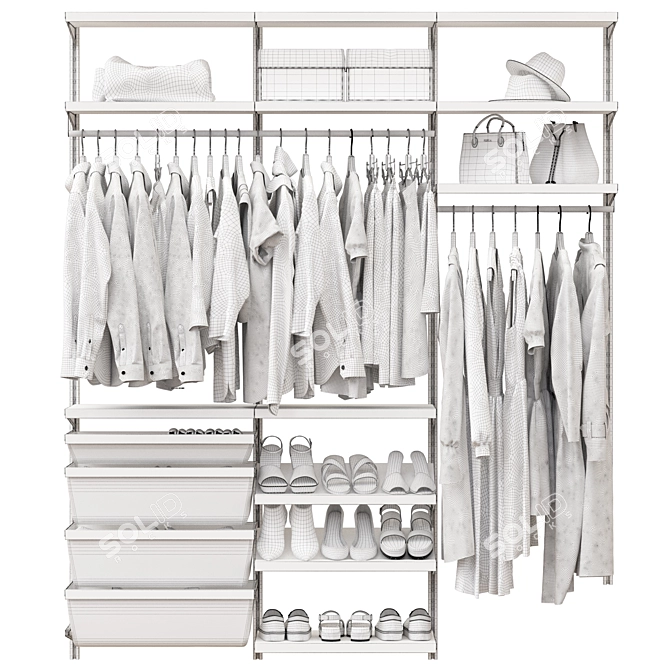 Modular Wardrobe with Wooden Shelves and Hangers 3D model image 2