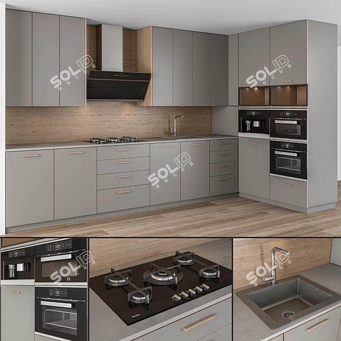 Stylish Wooden Gray Kitchen Cabinets 3D model image 1