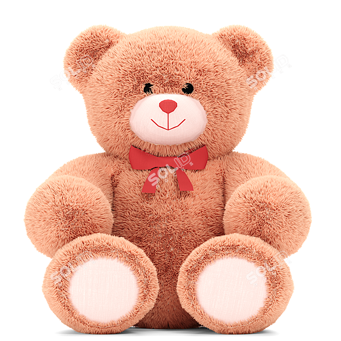 Beige Teddy Bear with Red Ribbon - Soft Plush Toy 3D model image 1