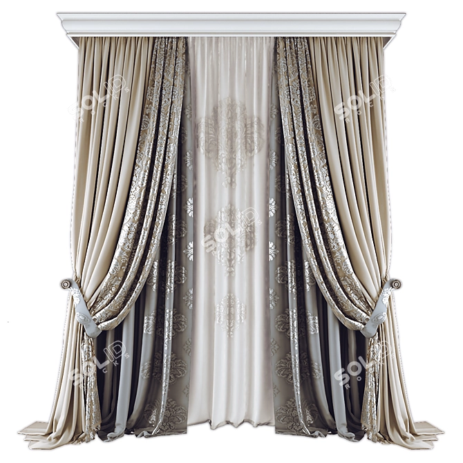 Elegant Curtains Set, Grey Floral 3D model image 1