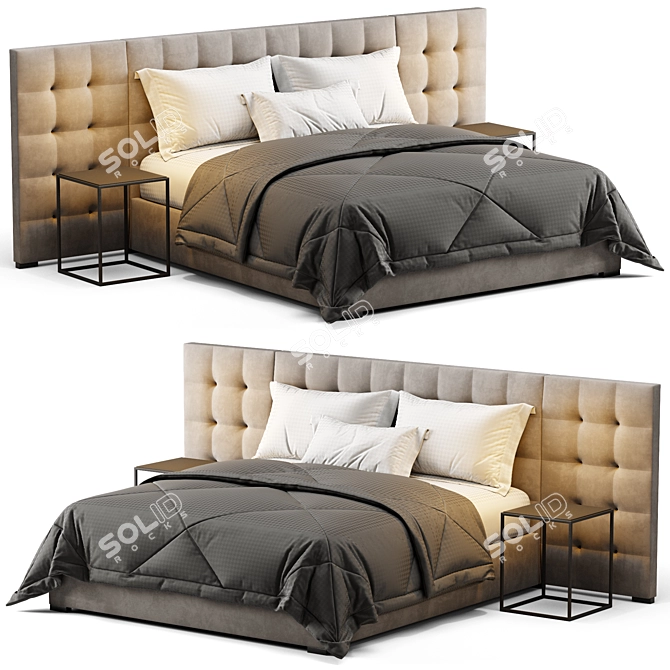 Stylish Fabric Box-Tufted Bed 3D model image 3