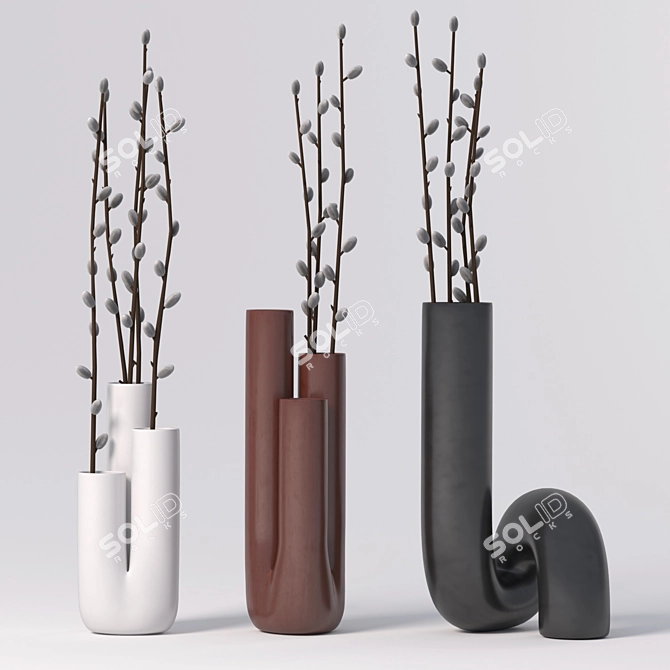 Abstract Ceramic Tube Vases with Willow 3D model image 1