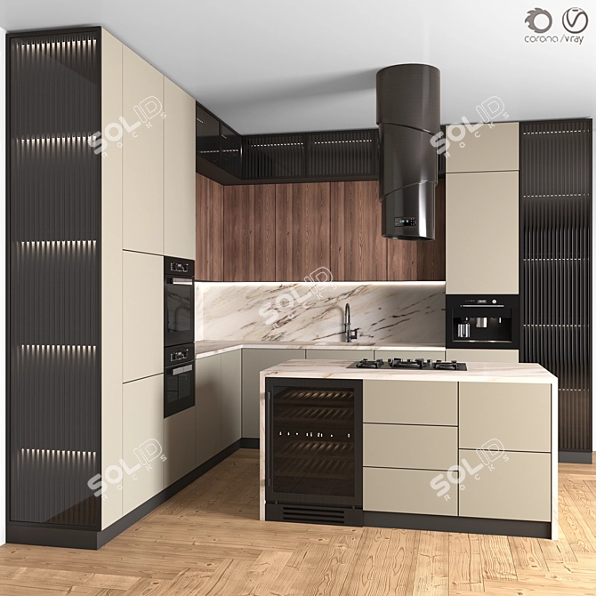 Modern Corner Kitchen Set with Appliances 3D model image 1