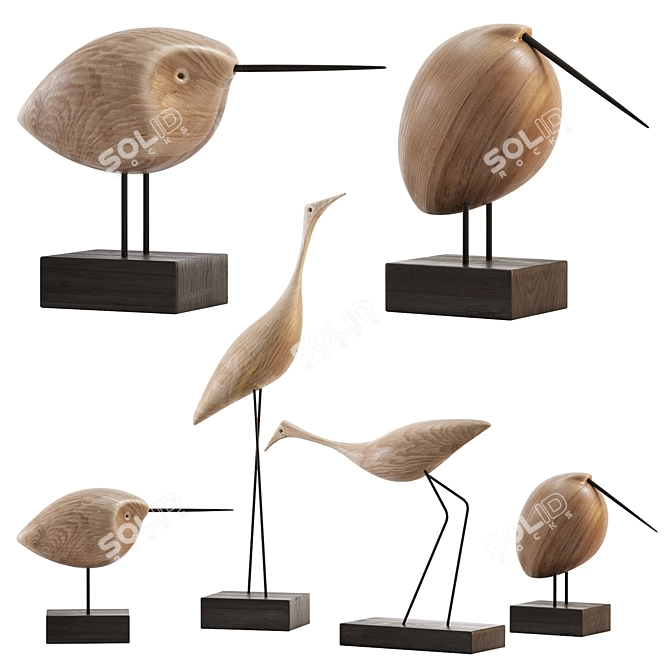 Modern Teak Bird Sculpture Set 3D model image 1