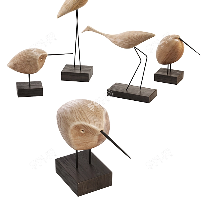 Modern Teak Bird Sculpture Set 3D model image 5