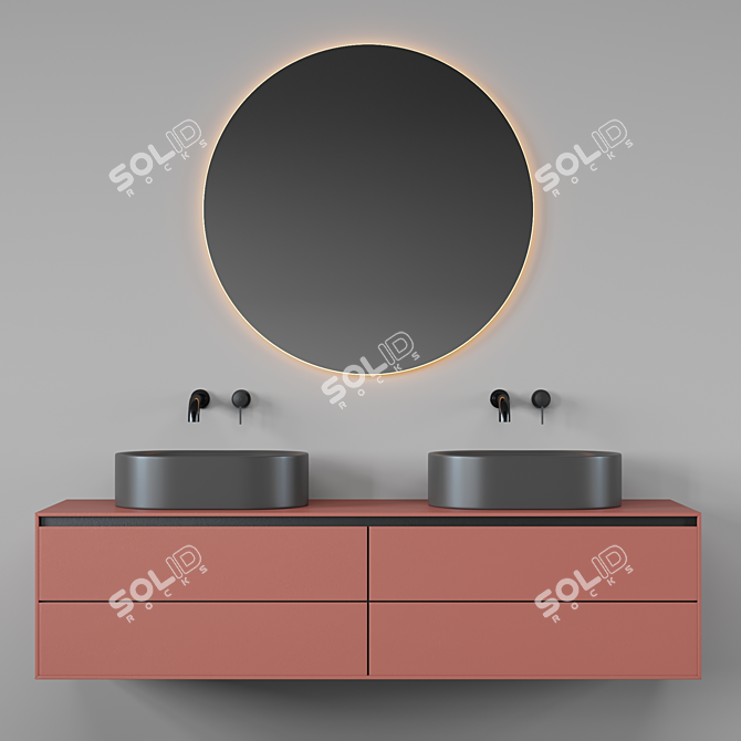 Bathroom Fixture Ensemble with Sink, Faucets & Mirror 3D model image 1