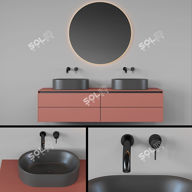 Bathroom Fixture Ensemble with Sink, Faucets & Mirror 3D model image 6