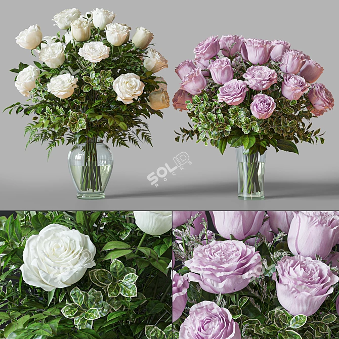 White Pink Rose Bouquet Set 3D model image 1