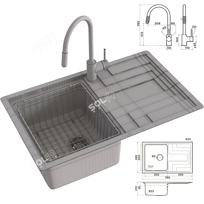 Premium Sink, Mixer, & Basket 3D model image 7