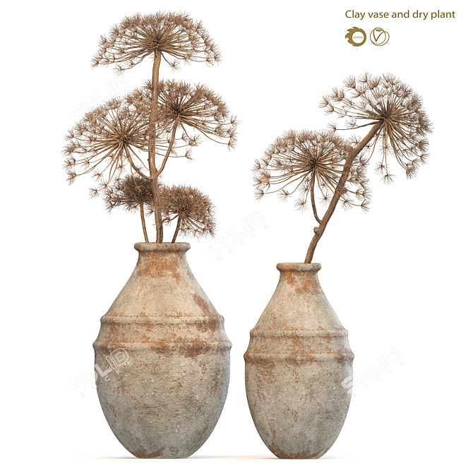 Earthy Clay Vases with Plants 3D model image 1