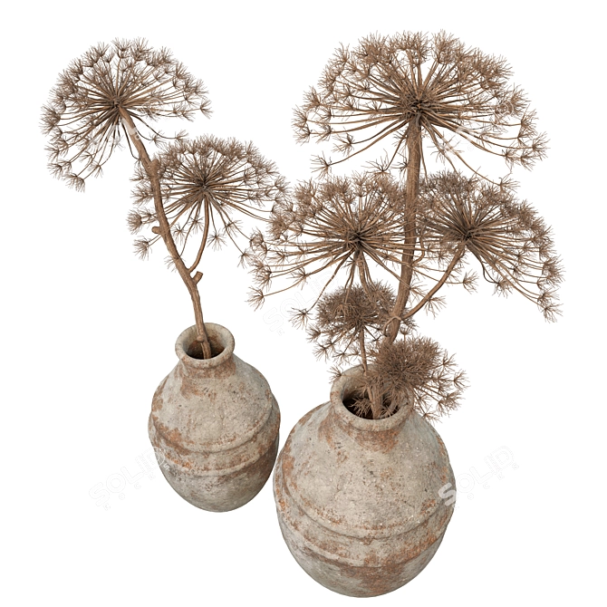 Earthy Clay Vases with Plants 3D model image 2