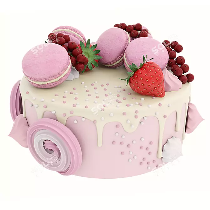 Deluxe Pink Cake with Macaroons 3D model image 1