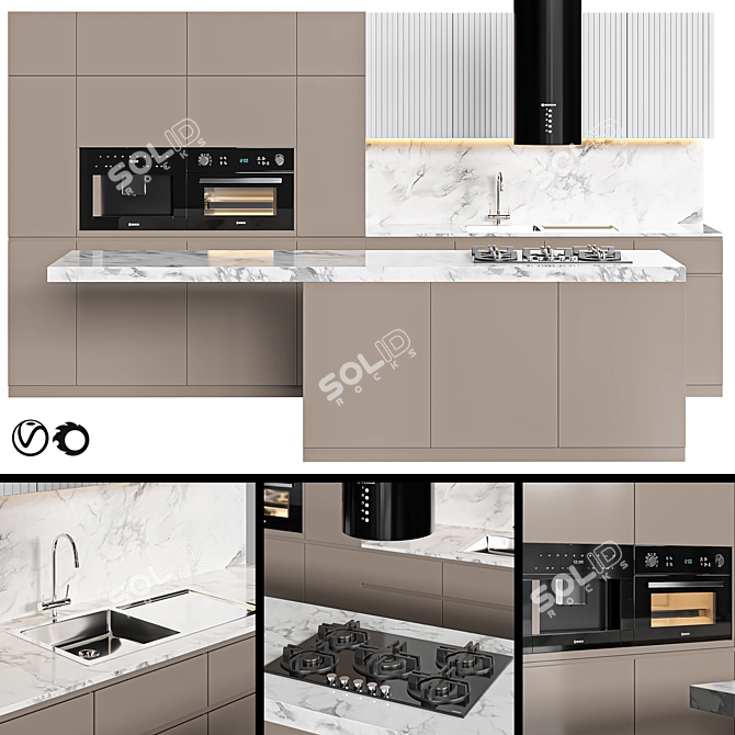 Contemporary Cream Kitchen Unit 3D model image 1