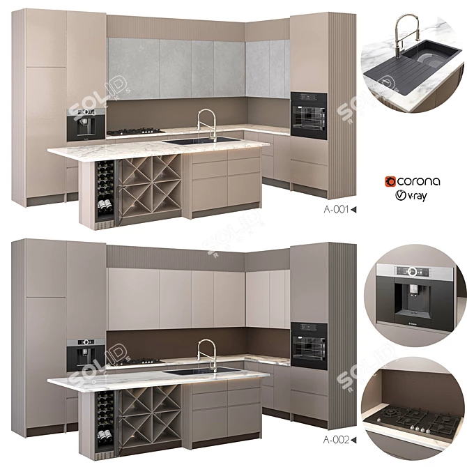 Modern Kitchen Set with Appliances 3D model image 1