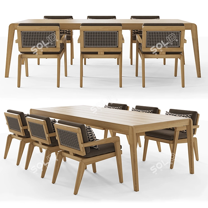Modern Teak Dining Set with Chairs 3D model image 1