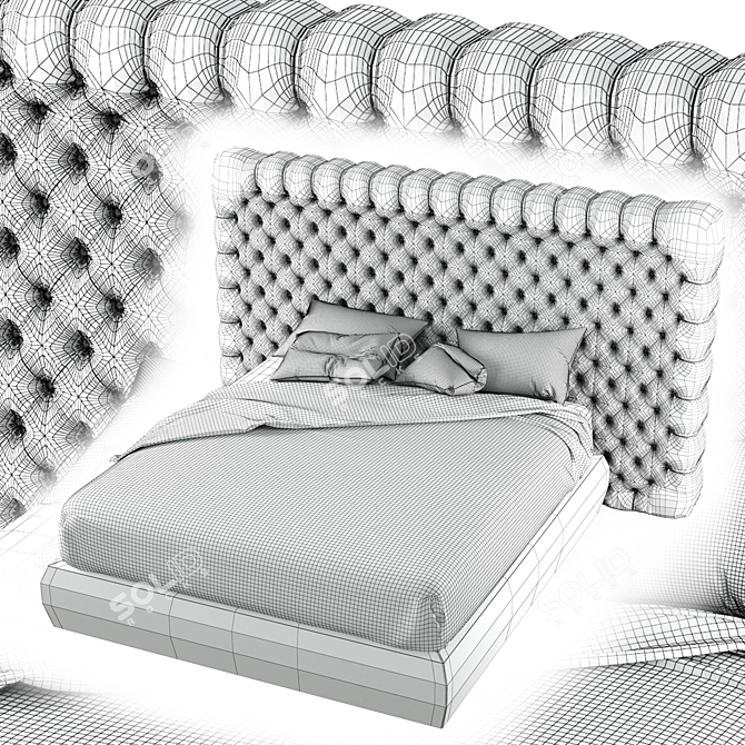 Luxurious Tufted Leather Double Bed 3D model image 5