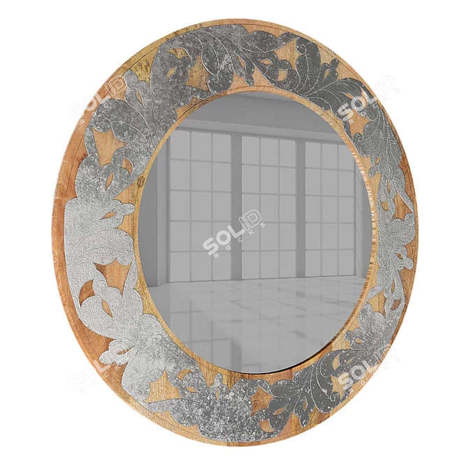 Handcrafted Mango Wood Round Mirror 3D model image 2