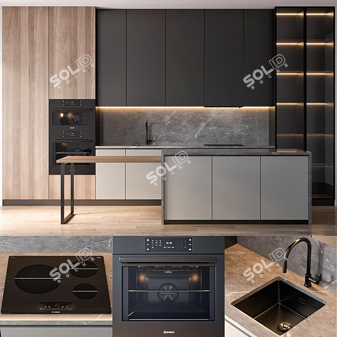 Modern Kitchen Cabinet Set with Bosch and Brizo Appliances 3D model image 1