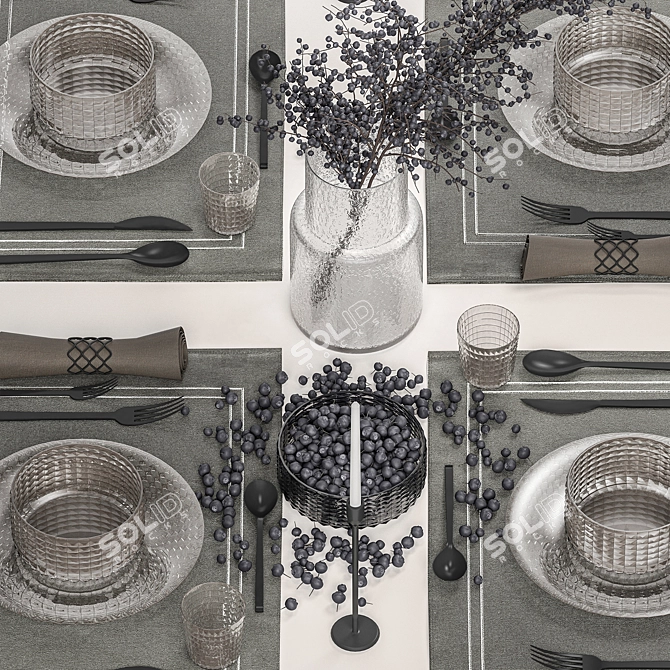 Rustic Eco Table Setting with Blueberry Bouquet 3D model image 3